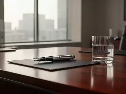 Ein moderner Schreibtisch in einem professionellen Büro mit einem Füllfederhalter und einem Glas Wasser bei natürlichem Licht. - Foto: über boerse-global.de