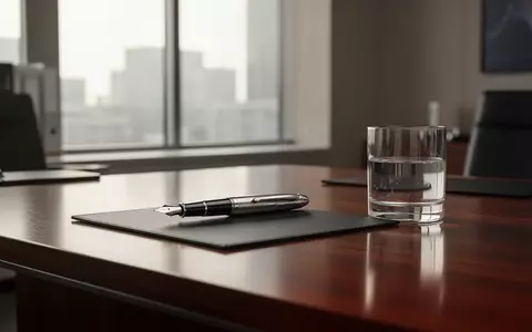 Ein moderner Schreibtisch in einem professionellen Büro mit einem Füllfederhalter und einem Glas Wasser bei natürlichem Licht. - Foto: über boerse-global.de