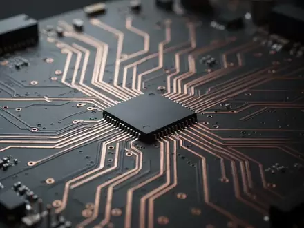 Nahaufnahme einer komplexen Leiterplatte mit feinen Kupferbahnen und Mikrochips auf einem dunklen Mainboard. - Foto: über boerse-global.de