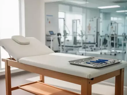 Ein heller, moderner Behandlungsraum in einer orthopädischen Praxis mit einer Untersuchungsliege und medizinischen Geräten. - Foto: über boerse-global.de
