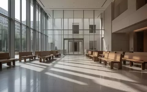 Ein minimalistischer, leerer Gerichtssaal mit großen Glasfenstern und Steinboden in einem modernen Gebäude. - Foto: über boerse-global.de