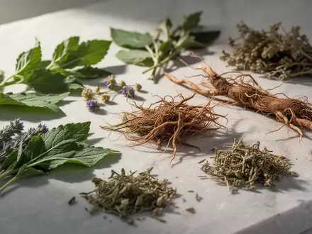 Verschiedene Heilpflanzen und getrocknete botanische Proben auf einer hellen Steinfläche bei natürlichem Tageslicht. - Foto: über boerse-global.de