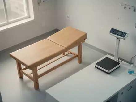 Ein minimalistischer, heller Untersuchungsraum in einer Klinik mit einem hölzernen Untersuchungstisch. - Foto: über boerse-global.de