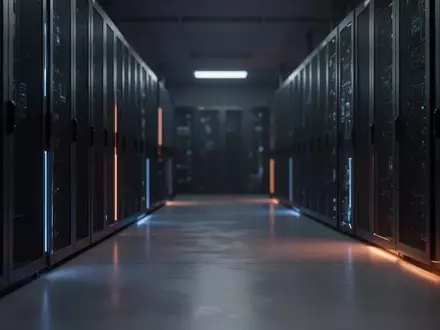 Dunkler Serverraum mit verschwommenen Server-Racks und atmosphärischer Beleuchtung. - Foto: über boerse-global.de
