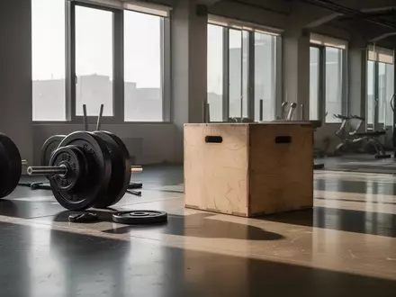 Minimalistische Trainingseinrichtung mit schweren Gewichtsscheiben und einer Holzbox in einem hellen Fitnessraum. - Foto: über boerse-global.de