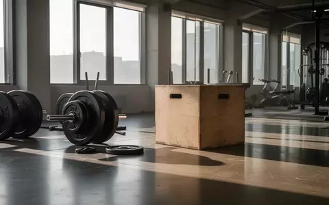 Minimalistische Trainingseinrichtung mit schweren Gewichtsscheiben und einer Holzbox in einem hellen Fitnessraum. - Foto: über boerse-global.de