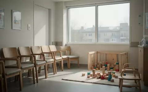 Ein leerer, ruhig beleuchteter Wartebereich in einer Kinderarztpraxis mit minimalistischen Möbeln und einem Spielbereich. - Foto: über boerse-global.de