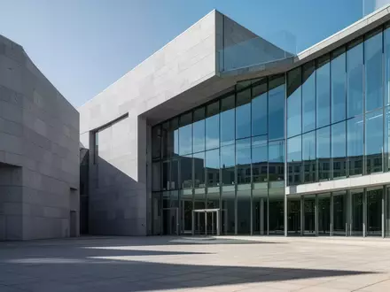 Ein minimalistisches, modernes Regierungsgebäude mit einer Fassade aus grauem Stein und großen Glasflächen bei Tageslicht. - Foto: über boerse-global.de