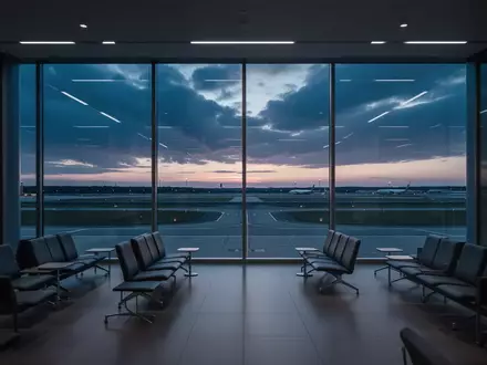 Ein ruhiger, leerer Flughafen-Loungebereich bei Dämmerung mit Blick auf ein Flugfeld vor einem abendlichen Horizont. - Foto: über boerse-global.de