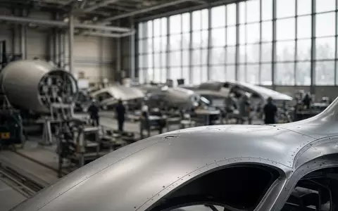 Moderne Fertigungshalle in einem Luft- und Raumfahrtunternehmen mit Flugzeugkomponenten bei natürlichem Tageslicht. - Foto: über boerse-global.de