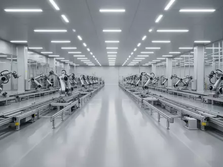 Eine hochmoderne, leere Industrie-Fertigungshalle mit automatisierten Montagelinien in einer Fabrik in Guangzhou. - Foto: über boerse-global.de