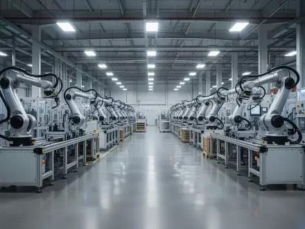 Eine moderne, automatisierte Fertigungshalle mit industriellen Roboterarmen und präziser Montagetechnik. - Foto: über boerse-global.de