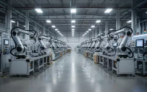 Eine moderne, automatisierte Fertigungshalle mit industriellen Roboterarmen und präziser Montagetechnik. - Foto: über boerse-global.de
