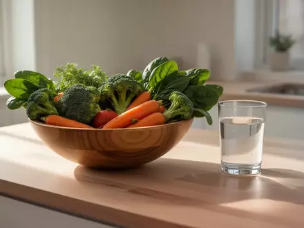 Eine Schale mit frischem Gemüse und ein Glas Wasser auf einer hellen Küchenoberfläche bei natürlichem Tageslicht. - Foto: über boerse-global.de