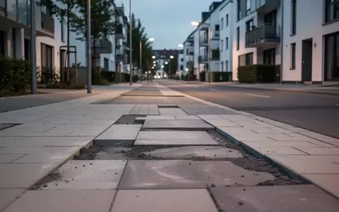 Eine ruhige Wohnstraße in einer deutschen Stadt bei Dämmerung mit frisch asphaltierten Stellen im Boden nach Bauarbeiten. - Foto: über boerse-global.de