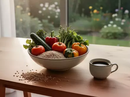 Ein hölzerner Tisch mit gesundem Gemüse, Vollkornprodukten und einer Tasse Kaffee in natürlichem Licht. - Foto: über boerse-global.de