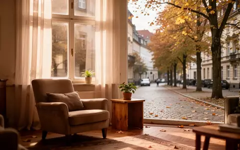 Ein ruhiges, sonnendurchflutetes Wohnzimmer mit einem bequemen Sessel und Blick auf eine von Bäumen gesäumte Straße. - Foto: über boerse-global.de