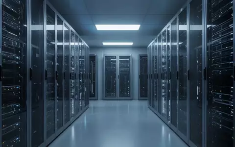 Moderne, minimalistische Server-Infrastruktur in einem industriellen Raum mit blauer Beleuchtung. - Foto: über boerse-global.de