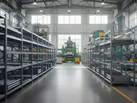 Eine aufgeräumte industrielle Fertigungshalle mit Regalsystemen und Maschinen in einer professionellen Arbeitsumgebung. - Foto: über boerse-global.de