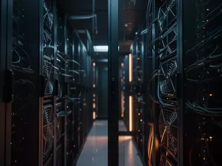 Abstrakte, dunkel beleuchtete Server-Infrastruktur mit metallischen Oberflächen und blauem Lichtschein. - Foto: über boerse-global.de