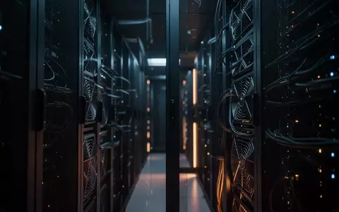Abstrakte, dunkel beleuchtete Server-Infrastruktur mit metallischen Oberflächen und blauem Lichtschein. - Foto: über boerse-global.de