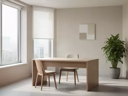 Ein helles, minimalistisches Büro mit einem leeren Schreibtisch und einer Pflanze vor einem großen Fenster. - Foto: über boerse-global.de