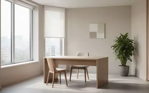 Ein helles, minimalistisches Büro mit einem leeren Schreibtisch und einer Pflanze vor einem großen Fenster. - Foto: über boerse-global.de