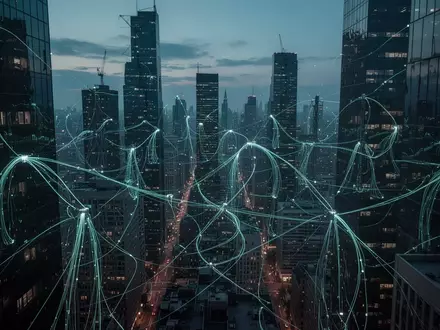 Eine nächtliche Stadtansicht mit komplexer Infrastruktur und leuchtenden Leitungsnetzen als Symbol für digitale Vernetzung. - Foto: über boerse-global.de