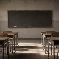Ein leerer Klassenraum mit leeren Holztischen und Stühlen vor einer leeren Schultafel. - Foto: über boerse-global.de