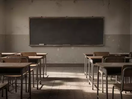 Ein leerer Klassenraum mit leeren Holztischen und Stühlen vor einer leeren Schultafel. - Foto: über boerse-global.de