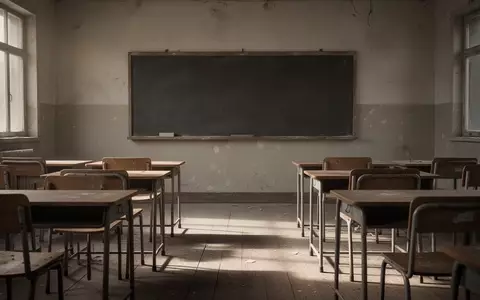 Ein leerer Klassenraum mit leeren Holztischen und Stühlen vor einer leeren Schultafel. - Foto: über boerse-global.de