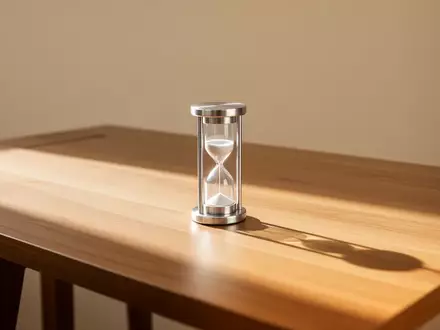 Eine Sanduhr auf einem leeren Holztisch symbolisiert den langfristigen Anlagehorizont und das Sparen für das Alter. - Foto: über boerse-global.de