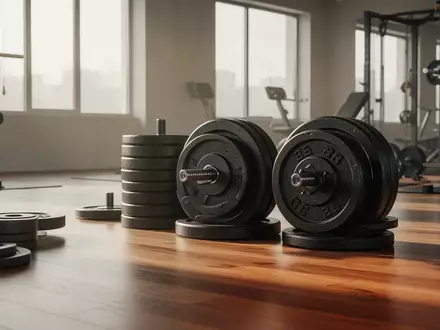 Hantelscheiben in einem hellen, minimalistischen Fitnessraum bei natürlichem Lichteinfall. - Foto: über boerse-global.de