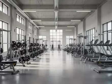 Ein heller, moderner Fitnessraum mit hochwertigen Trainingsgeräten in einer industriellen Umgebung ohne Personen. - Foto: über boerse-global.de