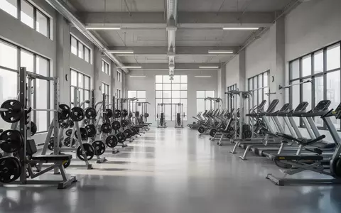 Ein heller, moderner Fitnessraum mit hochwertigen Trainingsgeräten in einer industriellen Umgebung ohne Personen. - Foto: über boerse-global.de