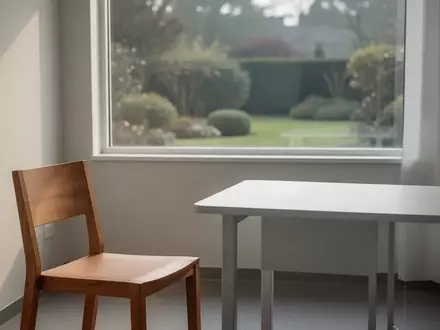 Ein minimalistisch eingerichteter, heller Untersuchungsraum in einer Seniorenklinik mit Blick in einen Garten. - Foto: über boerse-global.de