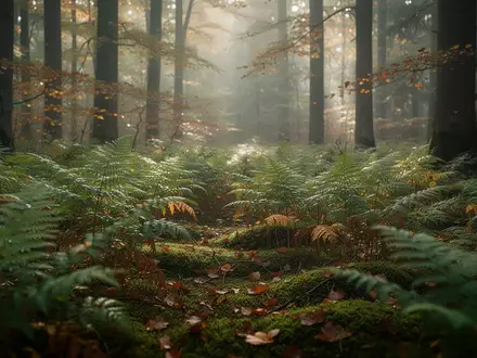 Ein dichter, grüner Wald in Thüringen mit Farnen und Moos bei natürlichem Tageslicht. - Foto: über boerse-global.de