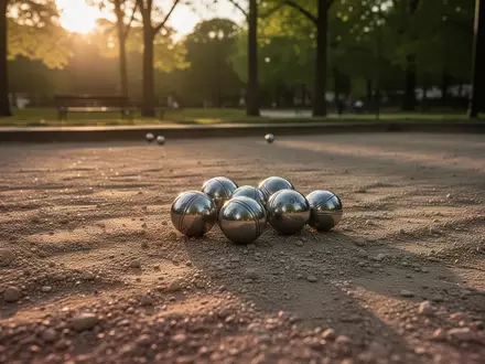 Metallkugeln auf einem Kiesplatz in einem Park bei Sonnenuntergang. - Foto: über boerse-global.de