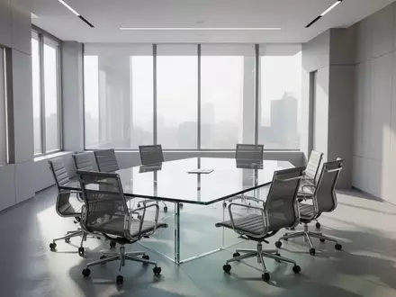 Ein heller, minimalistischer Konferenzraum mit einem leeren Glastisch und modernen Stühlen in einer professionellen Büroumgebung. - Foto: über boerse-global.de