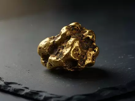 Ein rauer Goldklumpen liegt auf einer dunklen, texturierten Schieferoberfläche. - Foto: über boerse-global.de