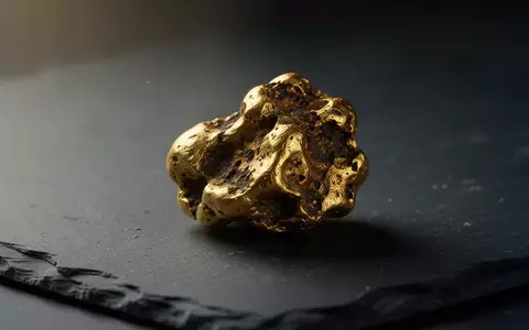 Ein rauer Goldklumpen liegt auf einer dunklen, texturierten Schieferoberfläche. - Foto: über boerse-global.de