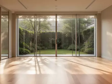 Heller, minimalistischer Sportraum mit Holzboden und bodentiefen Fenstern mit Blick in einen Garten. - Foto: über boerse-global.de