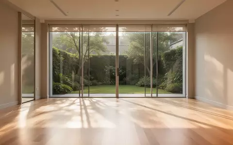 Heller, minimalistischer Sportraum mit Holzboden und bodentiefen Fenstern mit Blick in einen Garten. - Foto: über boerse-global.de