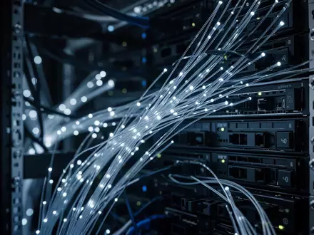 Abstrakte Ansicht eines Server-Racks mit leuchtenden Glasfaserkabeln und dunklen Hardware-Komponenten. - Foto: über boerse-global.de