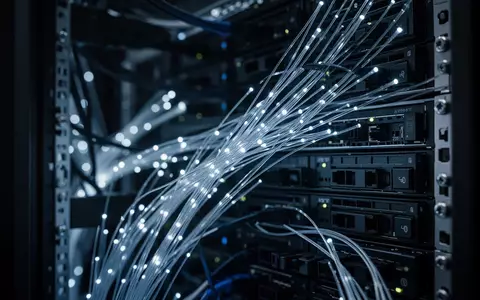 Abstrakte Ansicht eines Server-Racks mit leuchtenden Glasfaserkabeln und dunklen Hardware-Komponenten. - Foto: über boerse-global.de