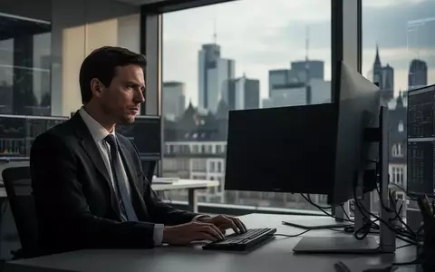 Ein fokussierter Börsenhändler blickt nachdenklich auf einen ausgeschalteten Computerbildschirm in einem Frankfurter Büro. - Foto: über boerse-global.de