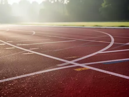 Eine leere, von der Morgensonne beleuchtete Laufbahn auf einem Sportplatz. - Foto: über boerse-global.de