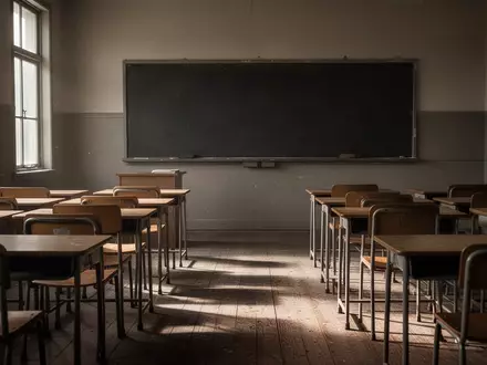 Ein leerer, sonnendurchfluteter Klassenraum mit leeren Schulbänken vor einer leeren Wandtafel. - Foto: über boerse-global.de
