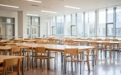 Leerer, heller Speiseraum in einer Schule mit Holztischen und Stühlen bei Tageslicht. - Foto: über boerse-global.de