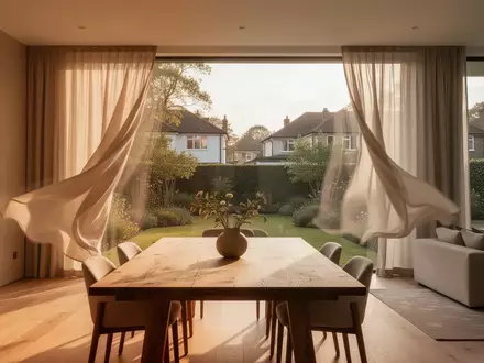 Ein heller, modern eingerichteter Wohnbereich mit einem großen Holztisch und Blick in einen Garten. - Foto: über boerse-global.de